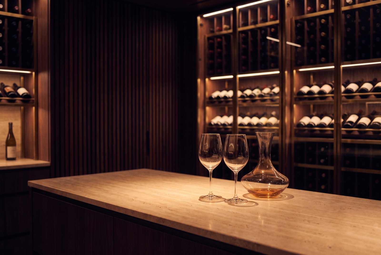 Duas taças e um decanter sobre o balcão da adega, sob luz quente